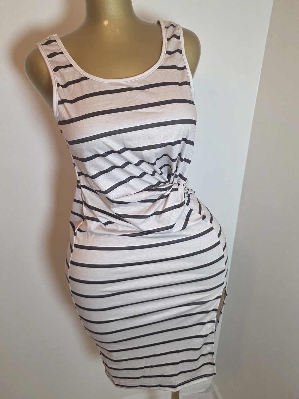 Cream & Brown Striped Twist Front Bodycon Dress Size S
